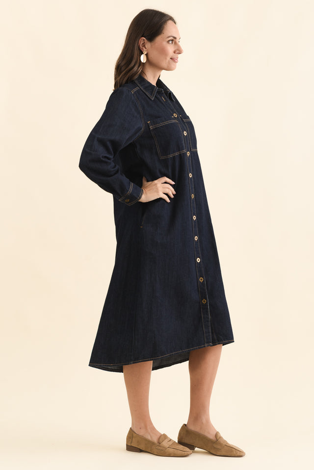 Montana Dark Blue Denim Shirt Dress,Side,Brunette model,alt text|model:MJ image 4