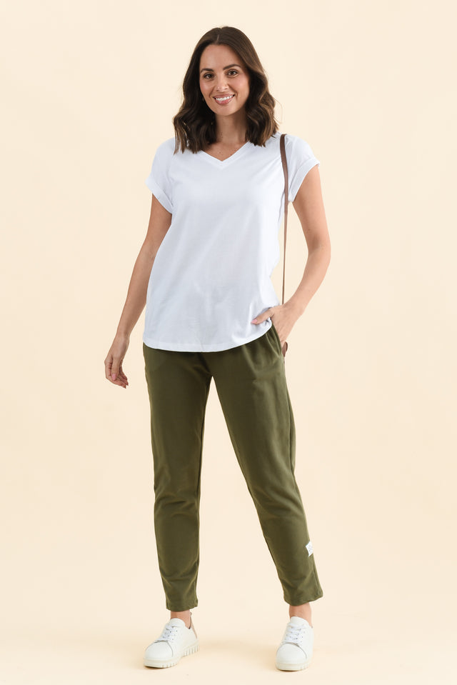 Monte White Cotton Vee Tee,Full Body,Brunette model,alt text|model:MJ