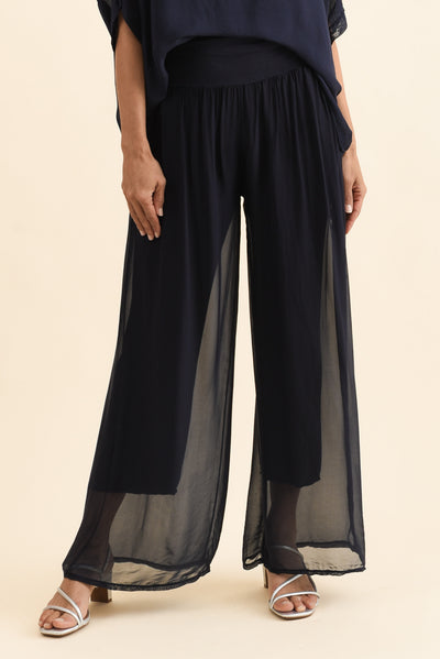 Mora Navy Silk Layer Pants,Front,Brunette model,alt text|model:Cara