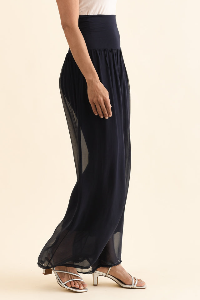 Mora Navy Silk Layer Pants,Side,Brunette model,alt text|model:Cara image 4