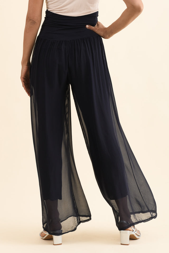Mora Black Silk Layer Pants,Back,Brunette model,alt text|model:Cara image 4