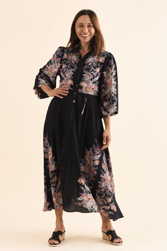 Moray Black Floral Shirt Dress,Front,Brunette model,alt text|model:Cara image 1