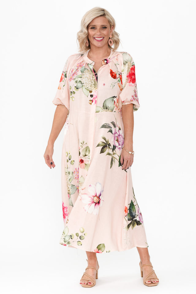 Moraya Pink Floral Linen Blend Dress image 6