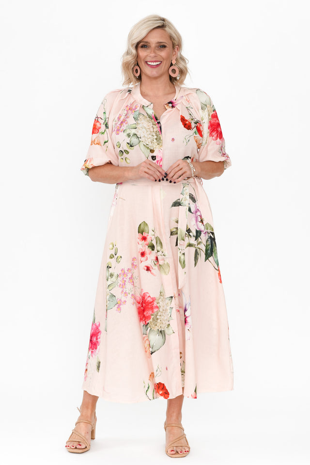 Moraya Pink Floral Linen Blend Dress