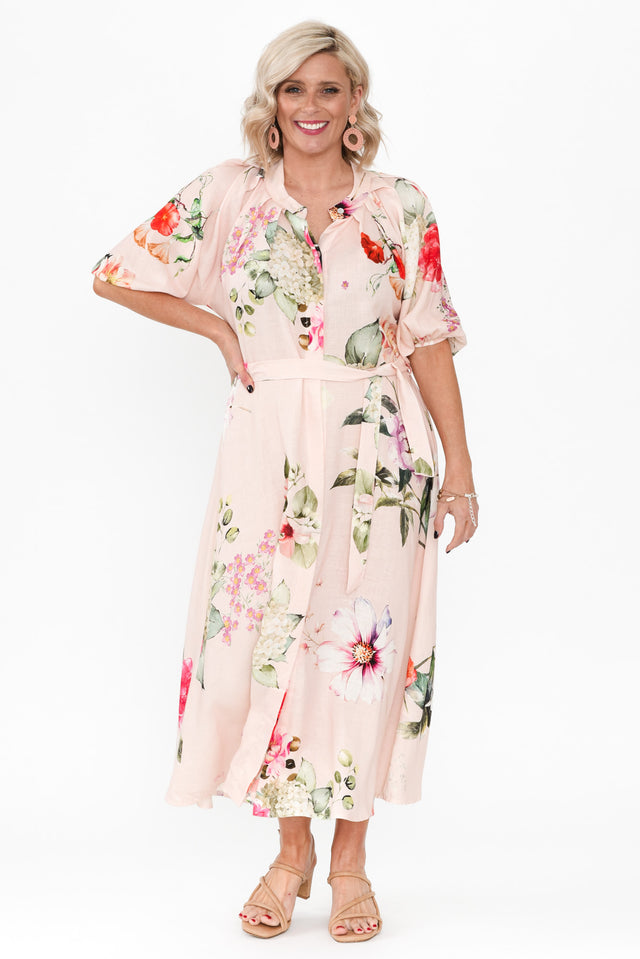 Moraya Pink Floral Linen Blend Dress