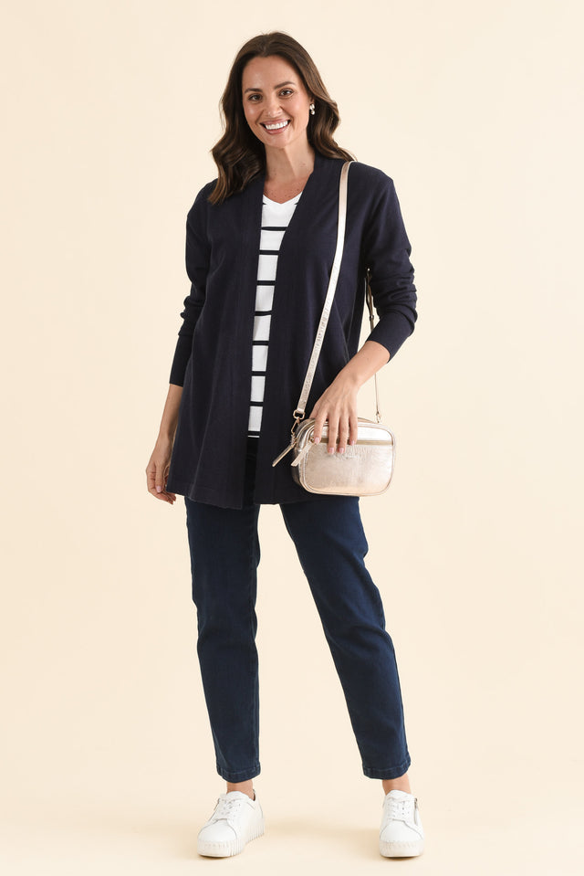 Morocco Navy Knit Cardigan,Full Body,Brunette model,alt text|model:MJ image 2