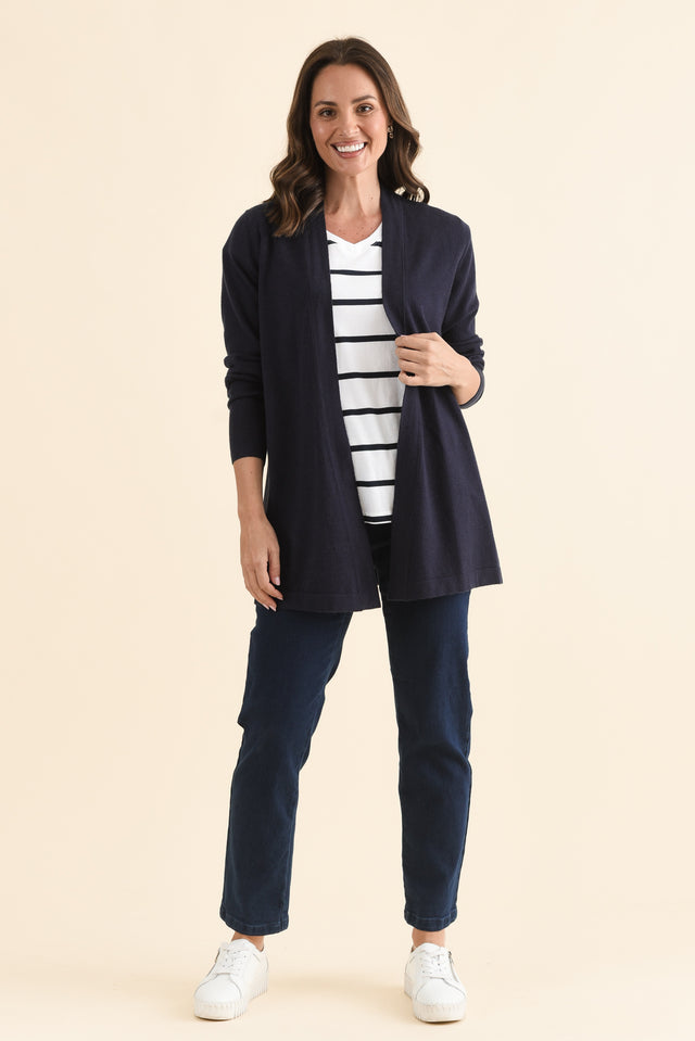 Morocco Navy Knit Cardigan,Full Body,Brunette model,alt text|model:MJ image 6