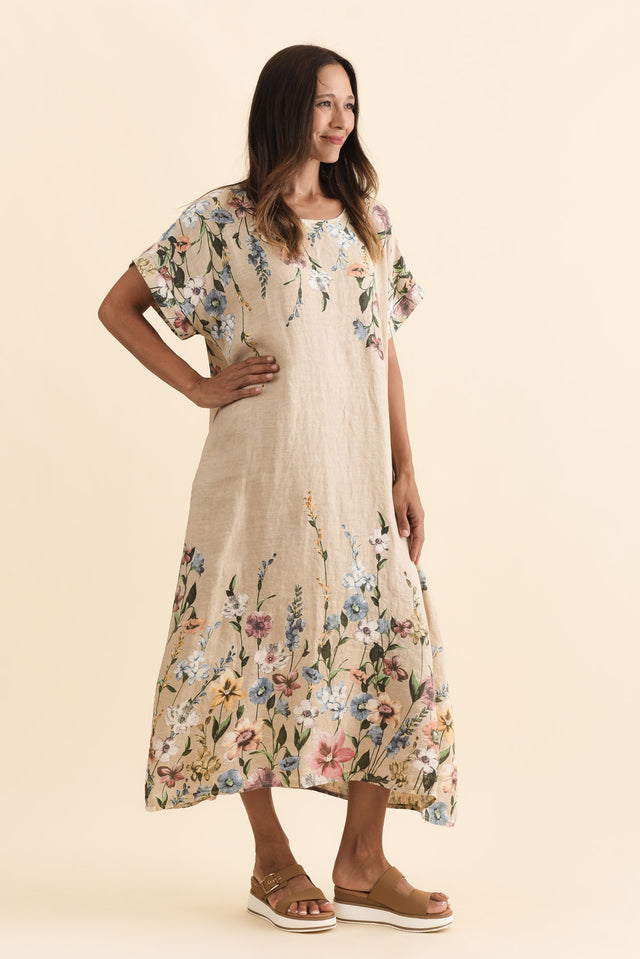 Morrison Beige Floral Linen Pocket Dress,Brunette model,alt text|model:Cara image 4