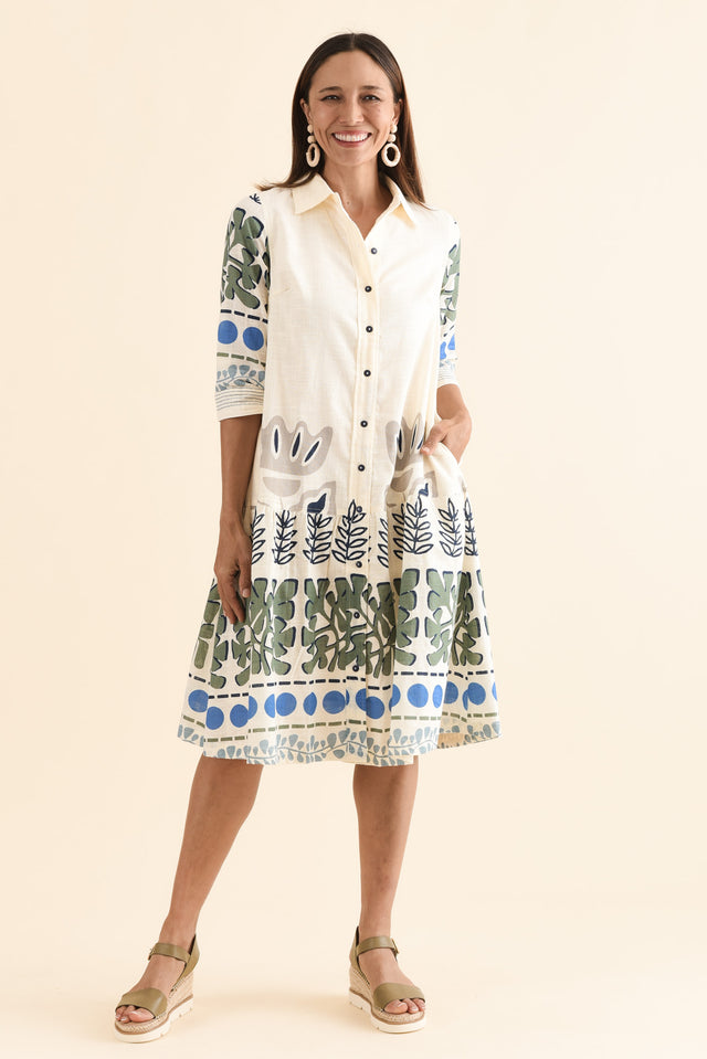 Mozlo White Motif Cotton Tie Dress,Front,Brunette model,alt text|model:Cara image 1