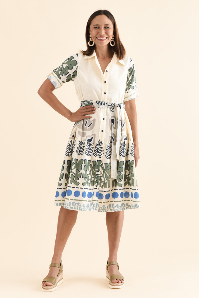 Mozlo White Motif Cotton Tie Dress,Full Body,Brunette model,alt text|model:Cara image 2