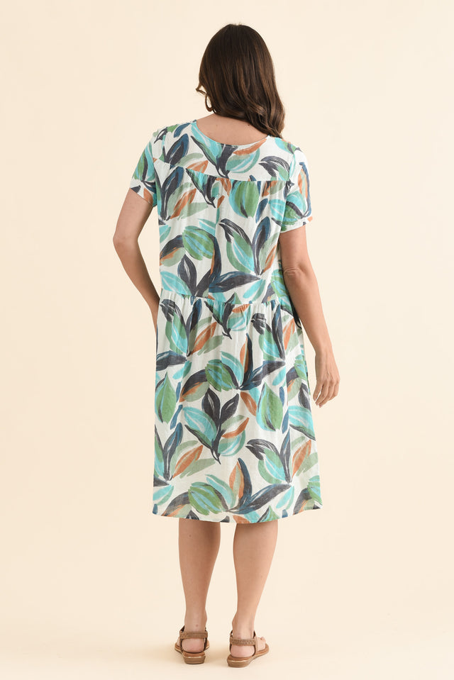 Murano Blue Leaf Cotton Dress,Side,Brunette model,alt text|model:MJ image 3