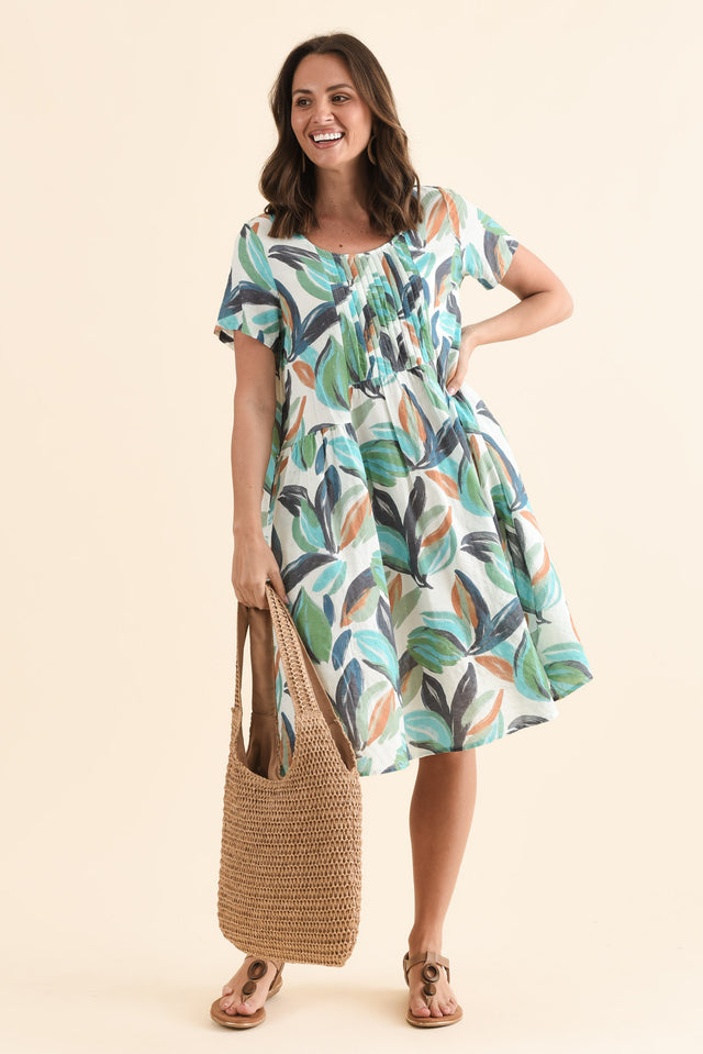 Murano Blue Leaf Cotton Dress,Front,Brunette model,alt text|model:MJ image 1