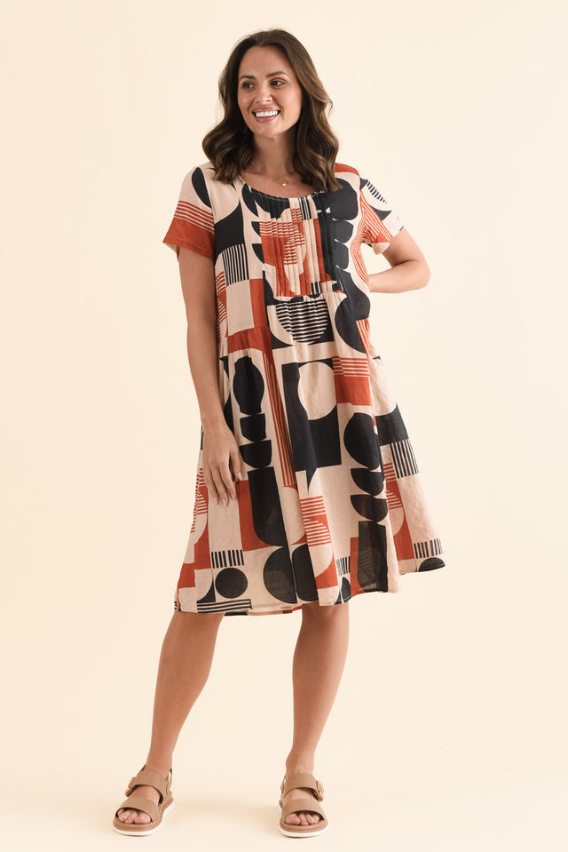 Murano Navy Abstract Cotton Dress,Full Body,Brunette model,alt text|model:MJ image 6