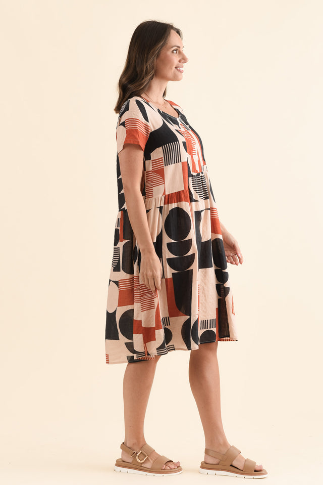 Murano Navy Abstract Cotton Dress,Side,Brunette model,alt text|model:MJ image 3