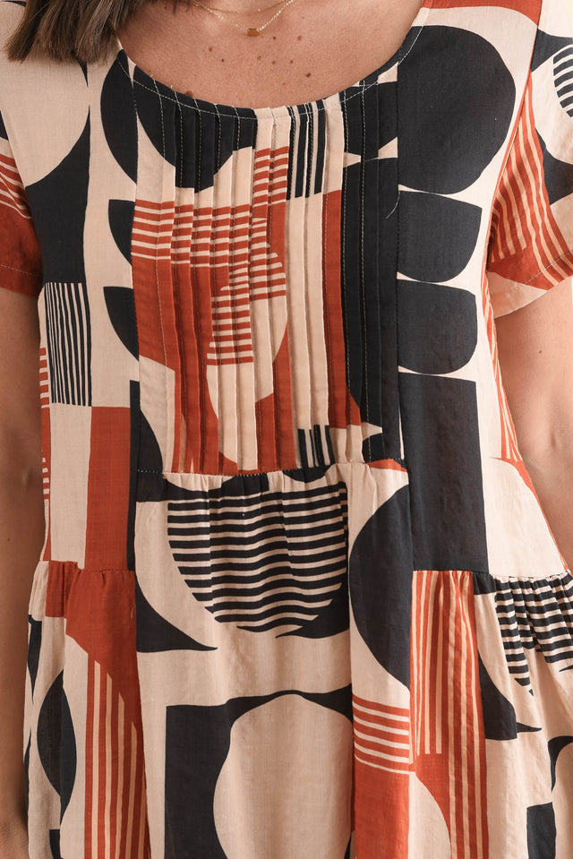 Murano Navy Abstract Cotton Dress,Detail,Brunette model,alt text|model:MJ image 5