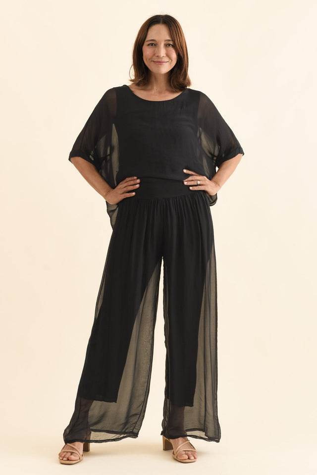 Mora Black Silk Layer Pants,Full Body,Brunette model,alt text|model:Cara image 6