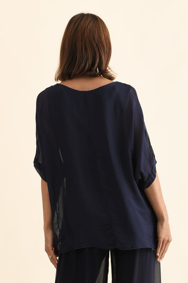 Myers Navy Silk Layer Top,Side,Brunette model,alt text|model:Cara image 3