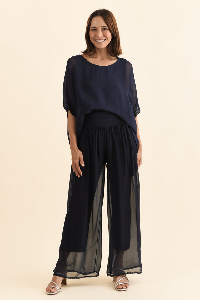 Mora Navy Silk Layer Pants,Full Body,Brunette model,alt text|model:Cara