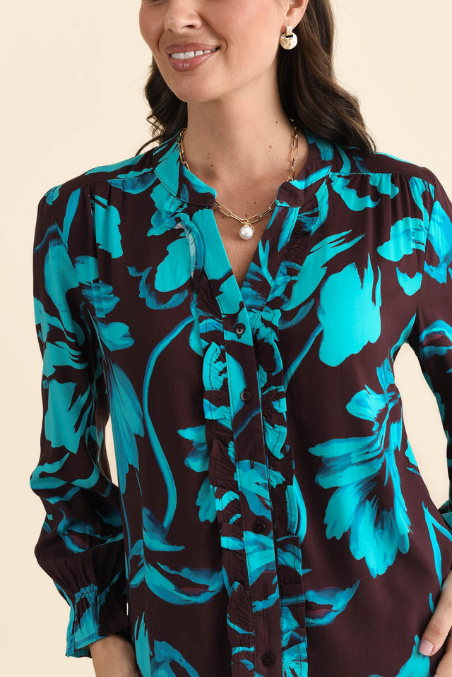 Myth Blue Floral Frill Blouse,brunette model,Close up of outfit,alt text|model:MJ image 5