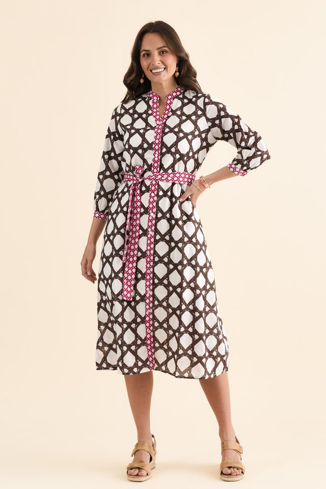 Nagala Chocolate Geo Cotton Tie Dress,brunette model,Full Outfit,alt text|model:MJ image 2