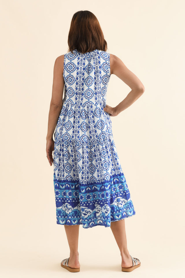 Maro Blue Tile Cotton Sleeveless Dress,Back,Brunette model,alt text|model:Cara image 5