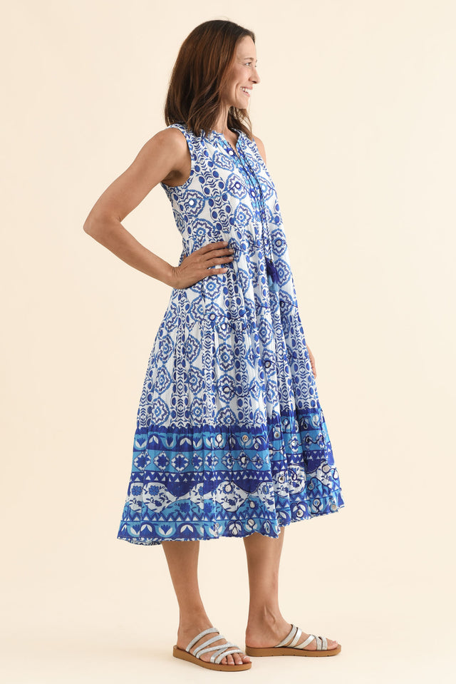 Maro Blue Tile Cotton Sleeveless Dress,Side,Brunette model,alt text|model:Cara image 4