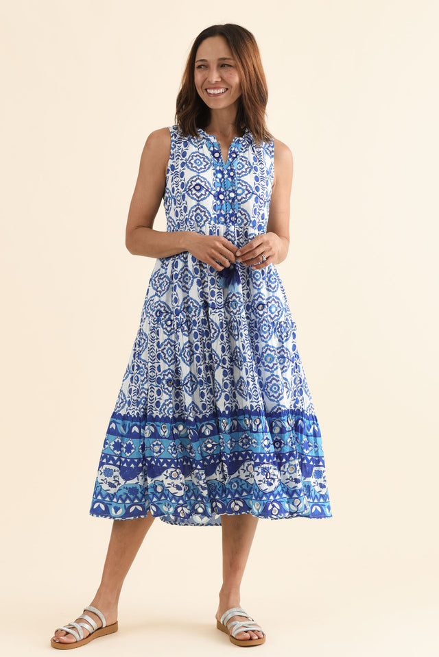 Maro Blue Tile Cotton Sleeveless Dress,Full Body,Brunette model,alt text|model:Cara image 7