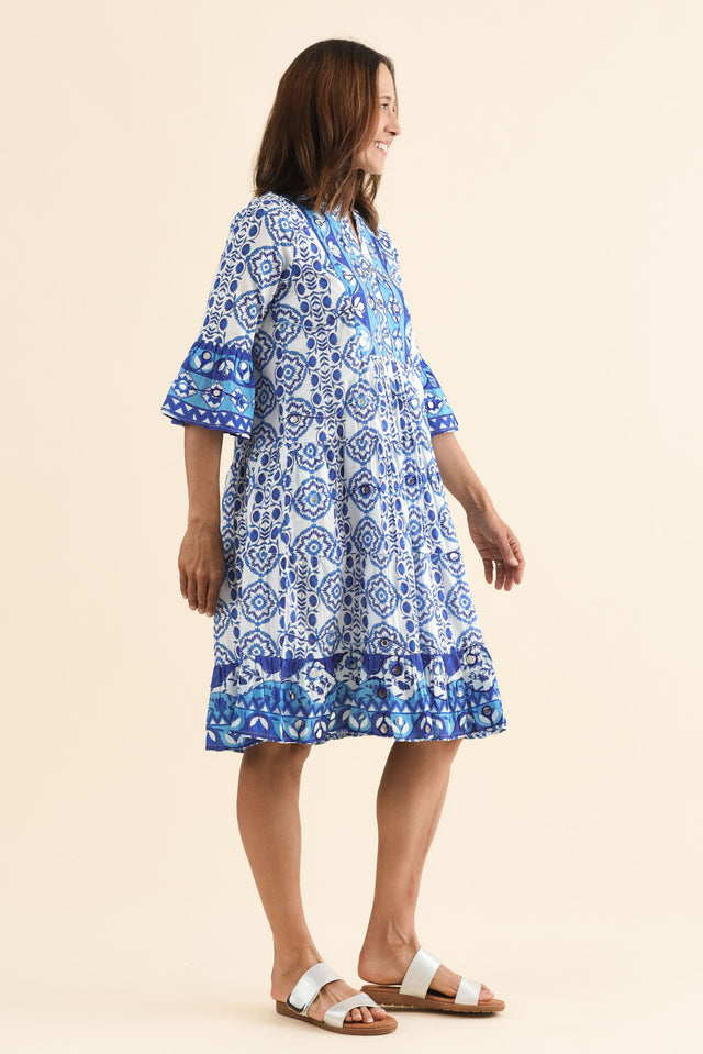 Naja Blue Tile Cotton Pocket Dress,Side,Brunette model,alt text|model:Cara image 3