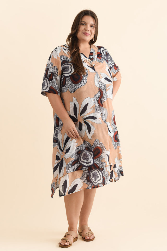 Nala Beige Flower Layers Dress,Brunette model,alt text|model:Gabby image 9