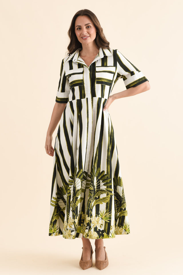 Nalani Green Stripe Palm Cotton Dress,Full Body,Brunette model,alt text|model:MJ image 2