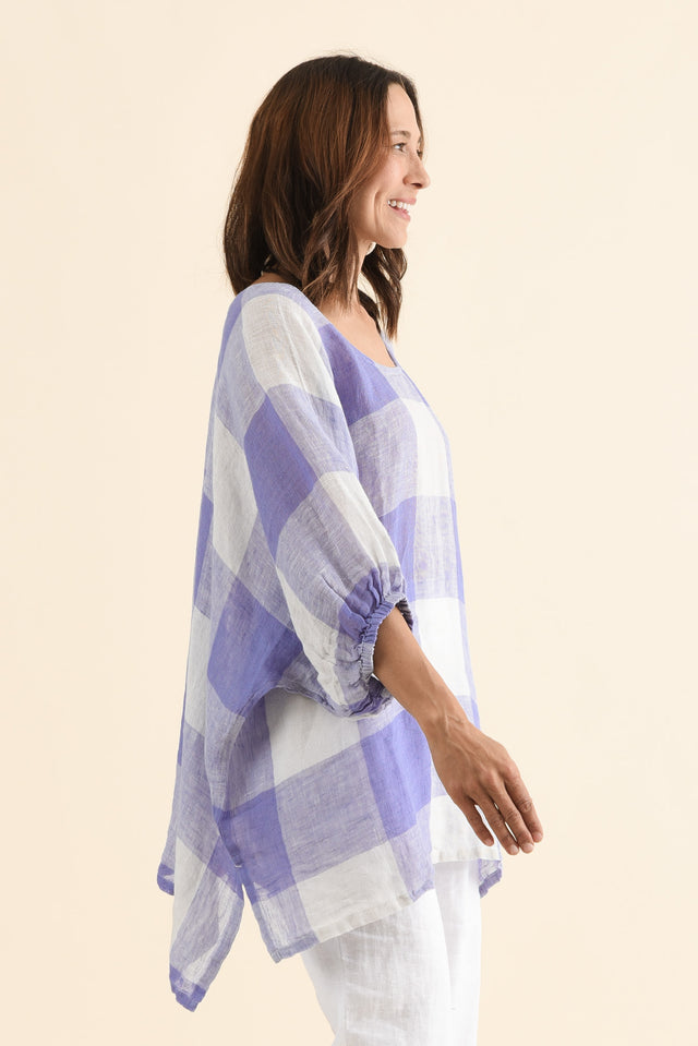 Nassau Blue Check Linen Top,Side,Brunette model,alt text|model:Cara image 3