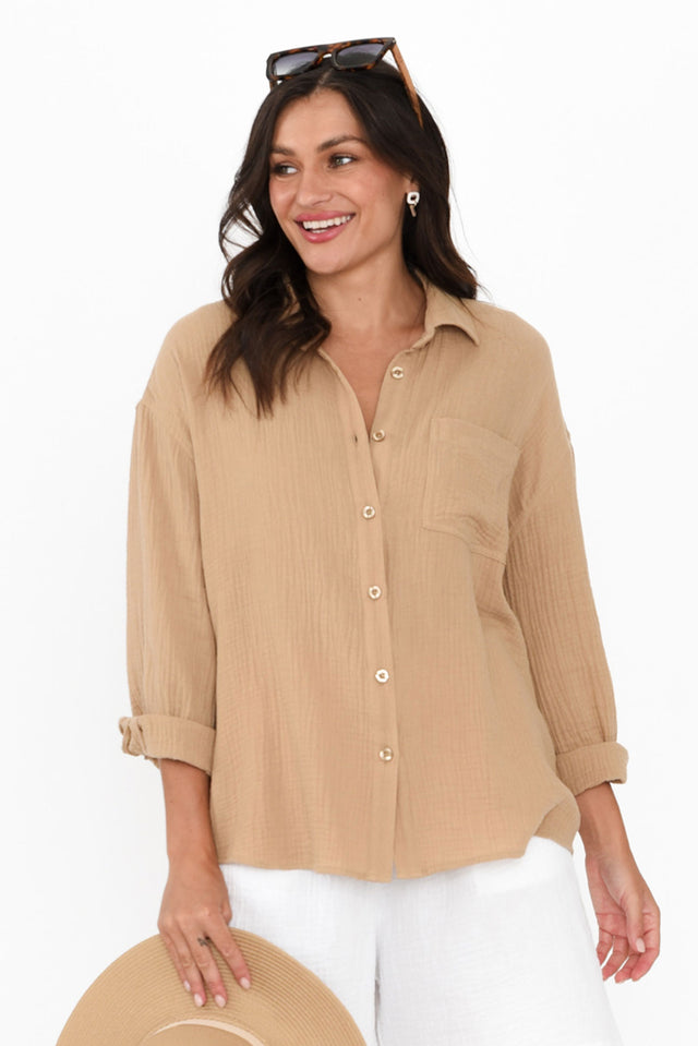 Natalia Beige Cotton Cheesecloth Shirt