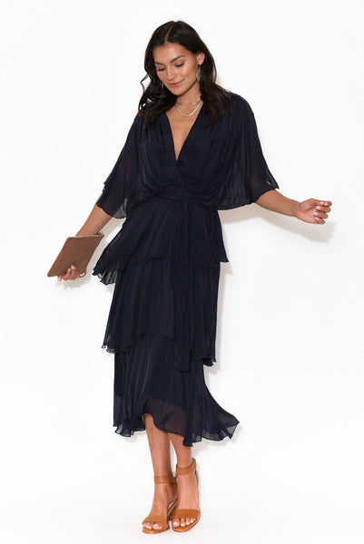 Silk Blend Multi Layers Dress - Navy