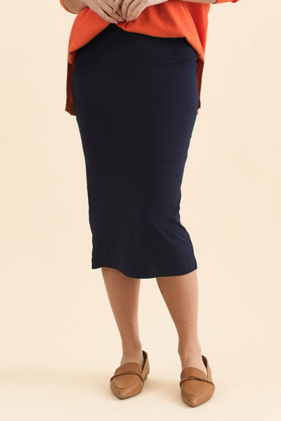 Navy Bamboo Maxi Tube Skirt,Front,Brunette model,alt text|model:MJ