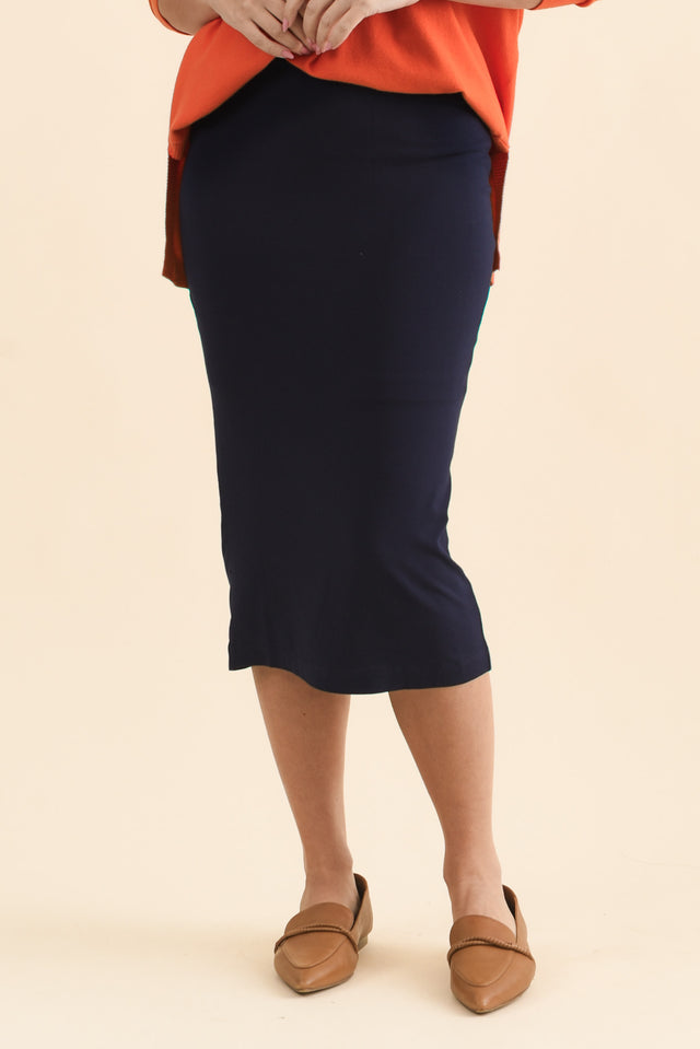 Navy Bamboo Maxi Tube Skirt,Front,Brunette model,alt text|model:MJ