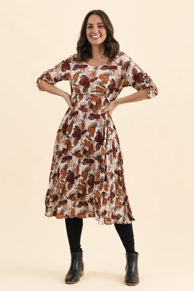 Nessa Brown Flower Crescent Dress,Full Body,Brunette model,alt text|model:MJ image 8