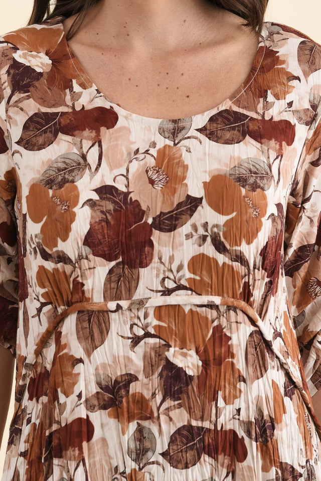 Nessa Brown Flower Crescent Dress,Detail,Brunette model,alt text|model:MJ image 7