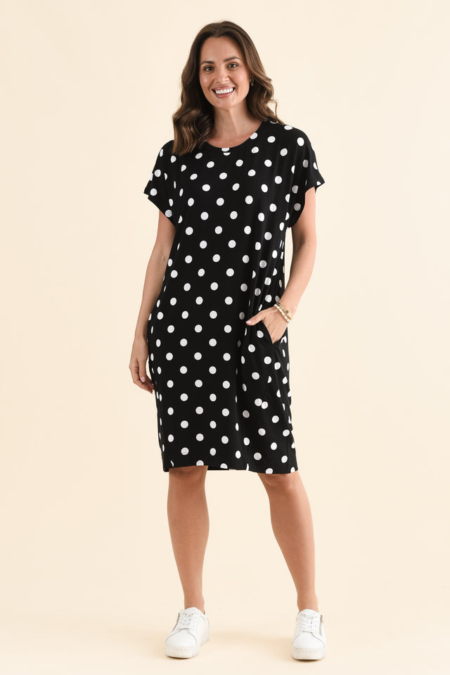 Nicks Black Spot Bamboo Tee Dress,Front,Brunette model,alt text|model:MJ