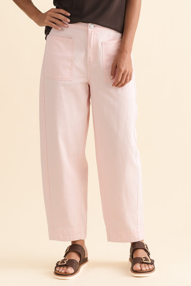 Nina Pink Cotton Barrel Pants,Front,Brunette model,alt text|model:Brontie image 1