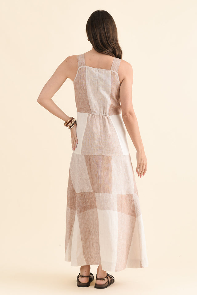 Nixie Beige Check Linen Dress,Back,Brunette model,alt text|model:MJ image 4