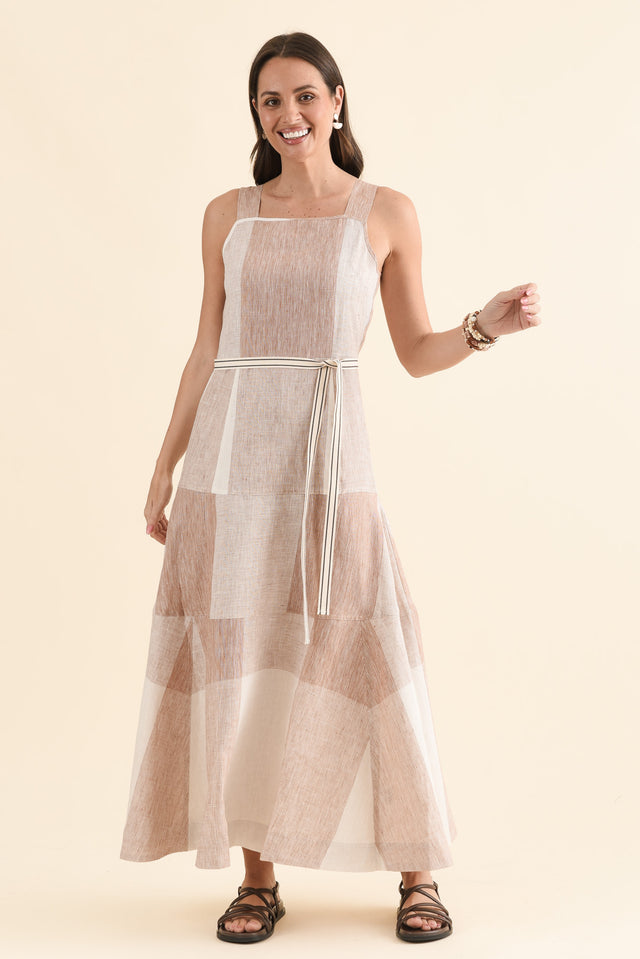 Nixie Beige Check Linen Dress,Full Body,Brunette model,alt text|model:MJ image 6