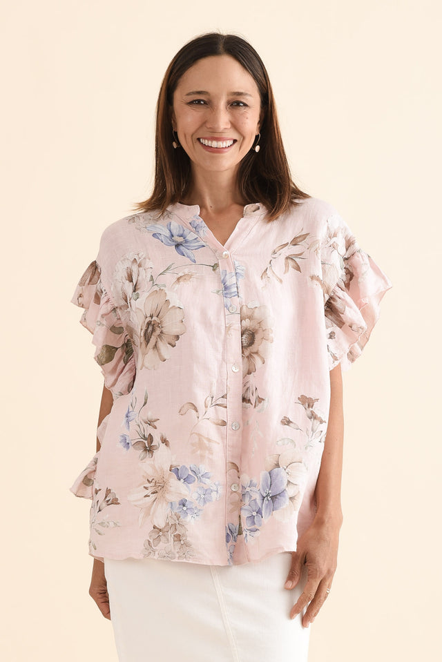 Noella Pink Floral Linen Ruffle Top,Front,Brunette model,alt text|model:Cara image 1