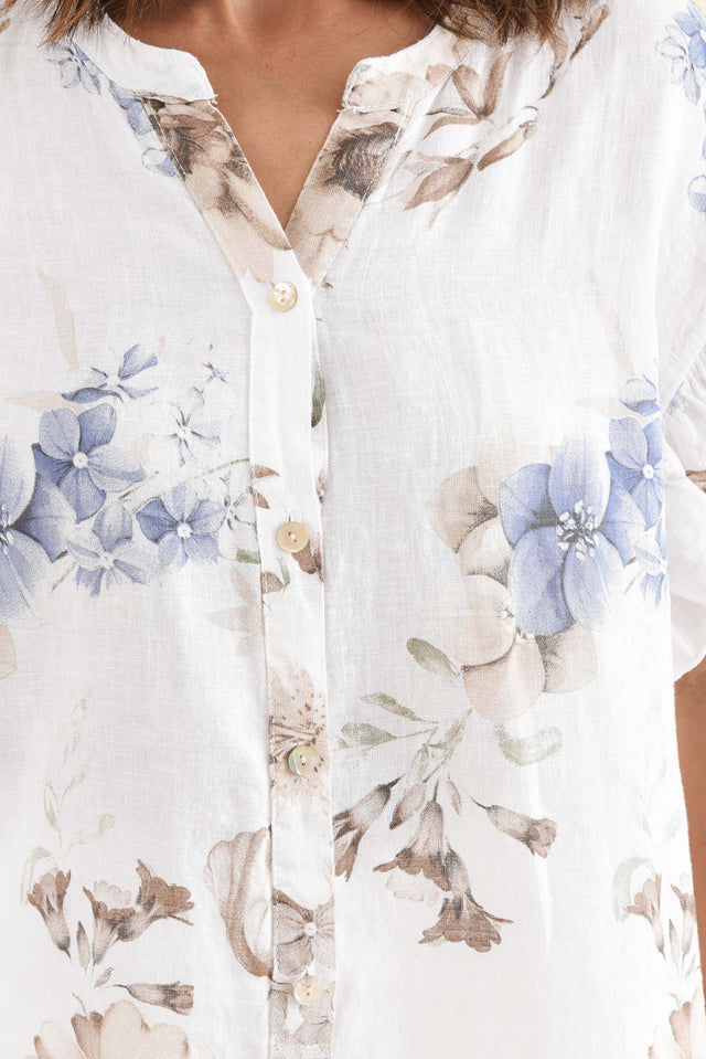 Noella White Floral Linen Ruffle Top,Detail,Brunette model,alt text|model:Cara image 5