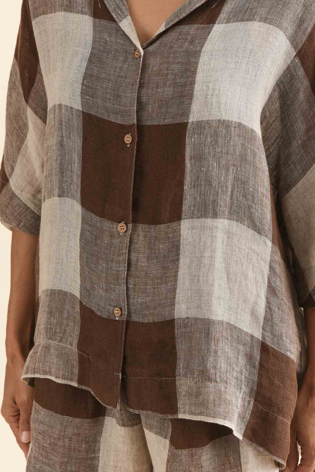 Noemi Chocolate Check Linen Shirt,Detail,Brunette model,alt text|model:Cara image 5