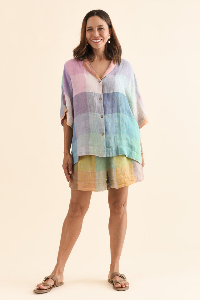 Noemi Multi Check Linen Shirt,Full Body,Brunette model,alt text|model:Cara image 6