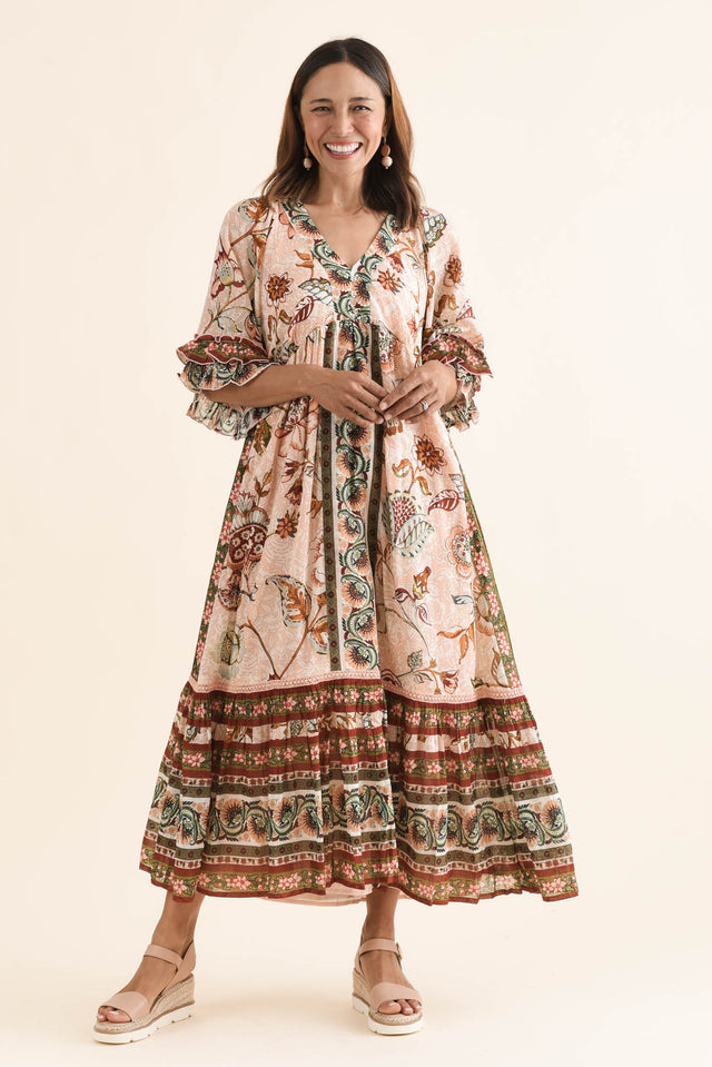Nolia Beige Floral Cotton Ruffle Dress,Full Body,Brunette model,alt text|model:Cara image 6