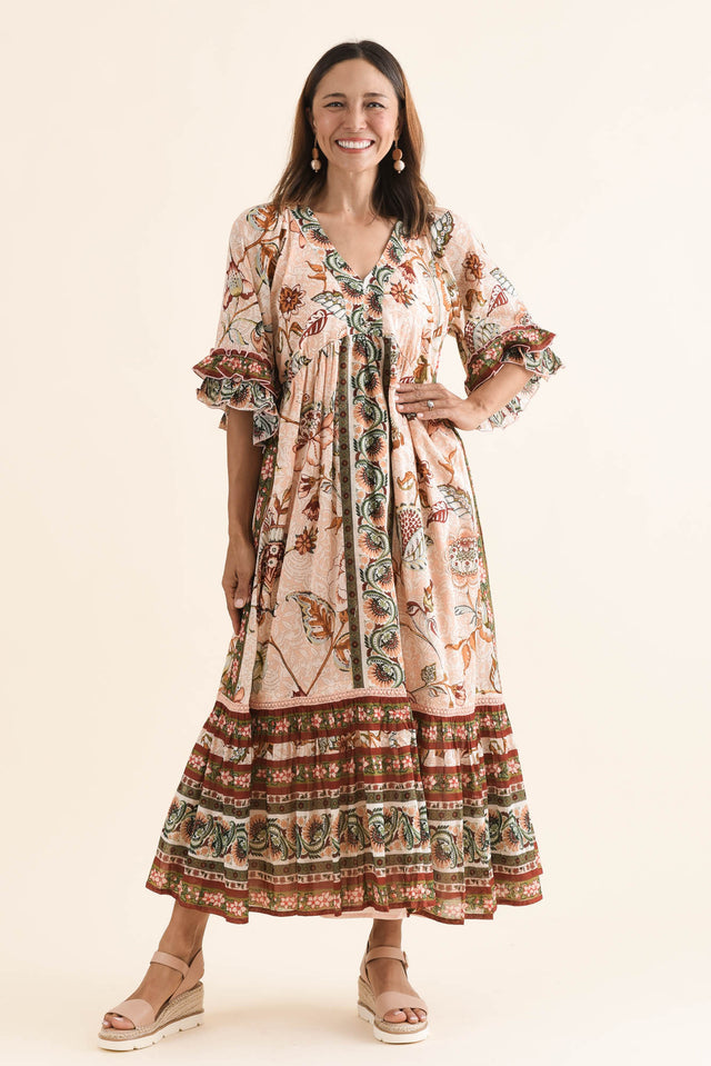 Nolia Beige Floral Cotton Ruffle Dress,Front,Brunette model,alt text|model:Cara image 1