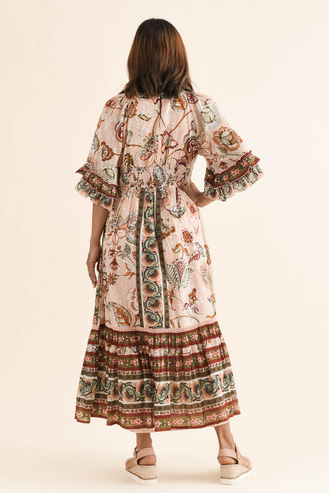 Nolia Beige Floral Cotton Ruffle Dress,Back,Brunette model,alt text|model:Cara image 4