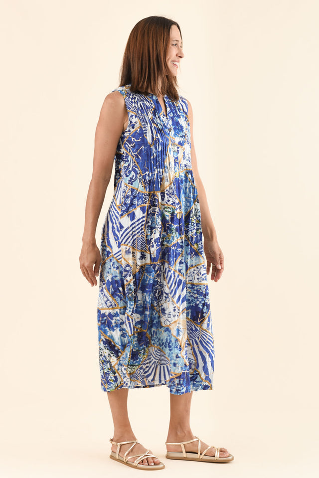 Nome Blue Ocean Cotton Sleeveless Dress,Side,Brunette model,alt text|model:Cara image 3