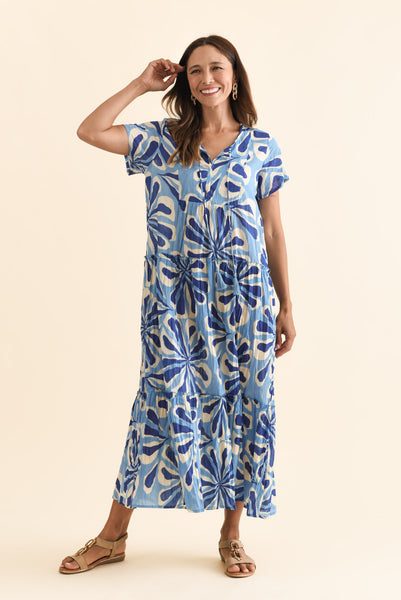 Nona Blue Daisy Crinkle Cotton Maxi Dress